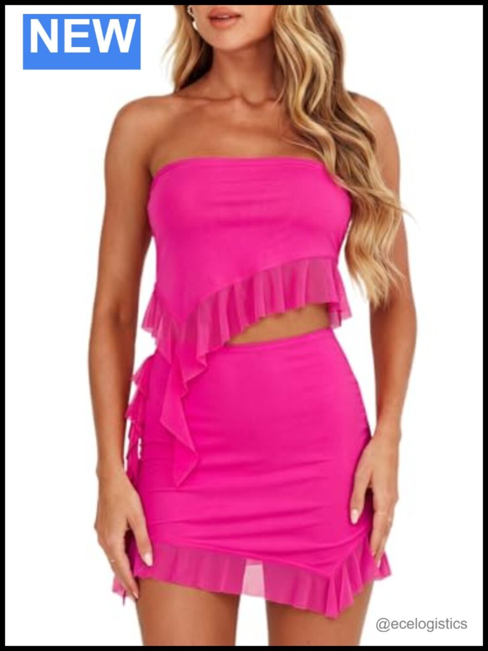 2 Piece Skirt Set Asymmetrical Ruffle Hem Strapless Tube Top